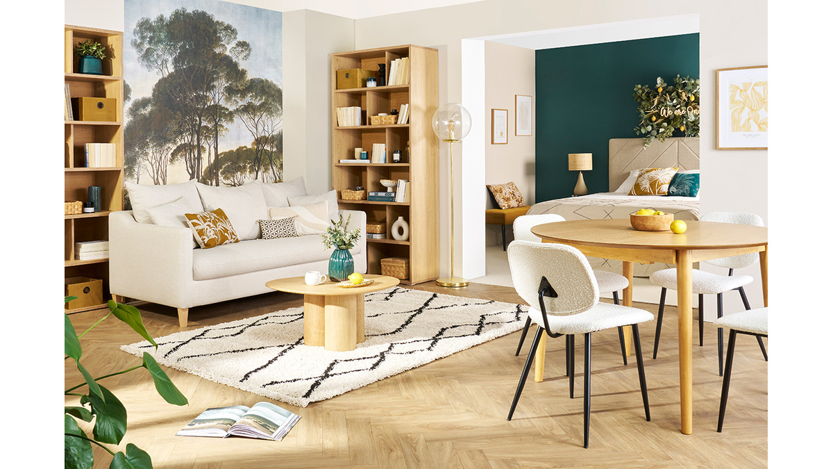 Divano letto scandinavo 3 posti in tessuto effetto velluto beige e legno chiaro LOUISE