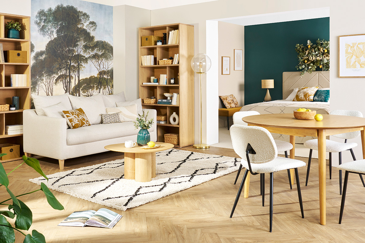 Divano letto scandinavo 3 posti in tessuto effetto velluto beige e legno chiaro LOUISE