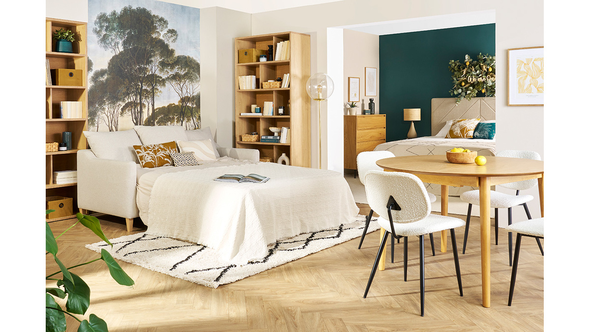 Divano letto scandinavo 3 posti in tessuto effetto velluto beige e legno chiaro LOUISE