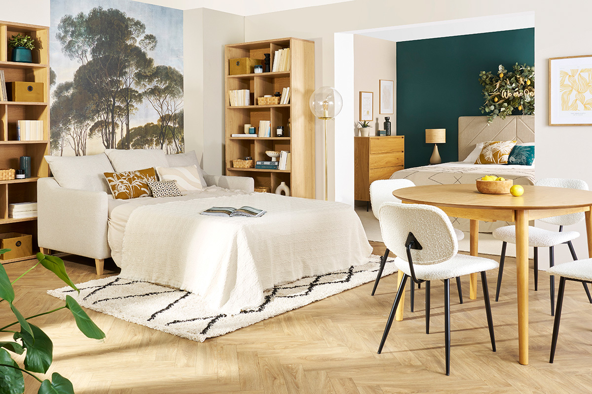 Divano letto scandinavo 3 posti in tessuto effetto velluto beige e legno chiaro LOUISE