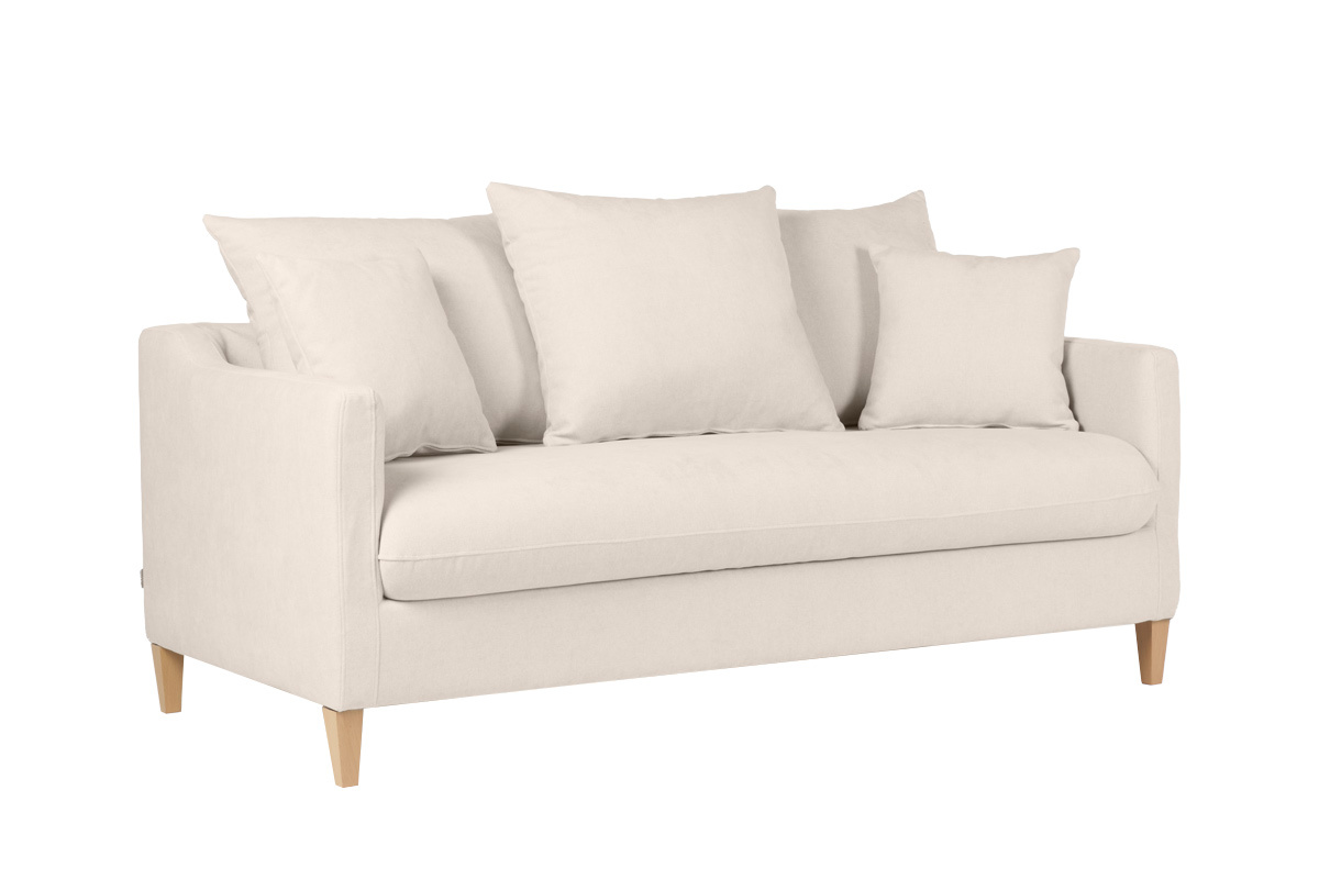 Divano letto scandinavo 3 posti in tessuto effetto velluto beige e legno chiaro LOUISE