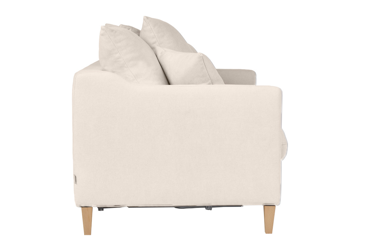 Divano letto scandinavo 3 posti in tessuto effetto velluto beige e legno chiaro LOUISE