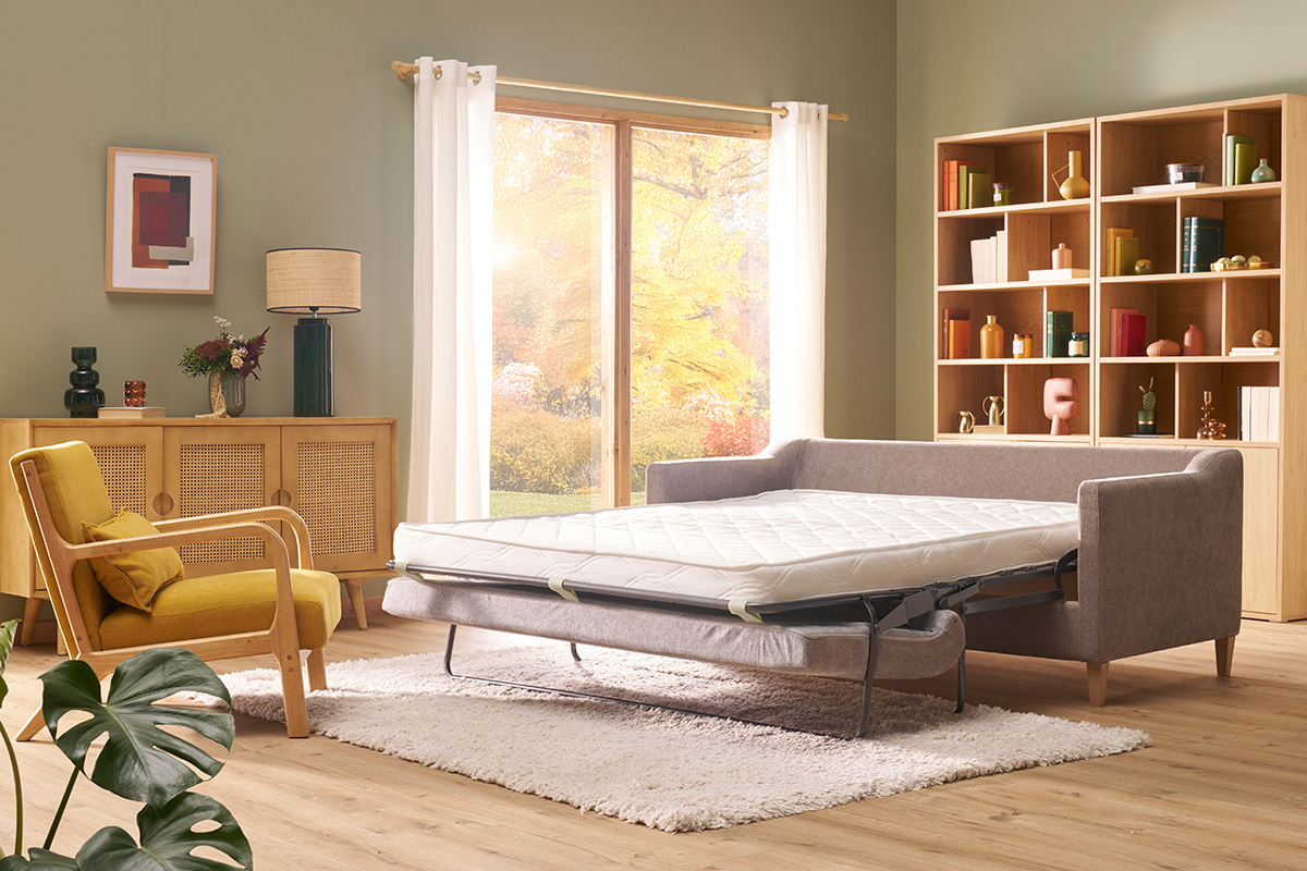 Divano letto scandinavo 3 posti in tessuto effetto velluto color talpa e legno chiaro LOUISE