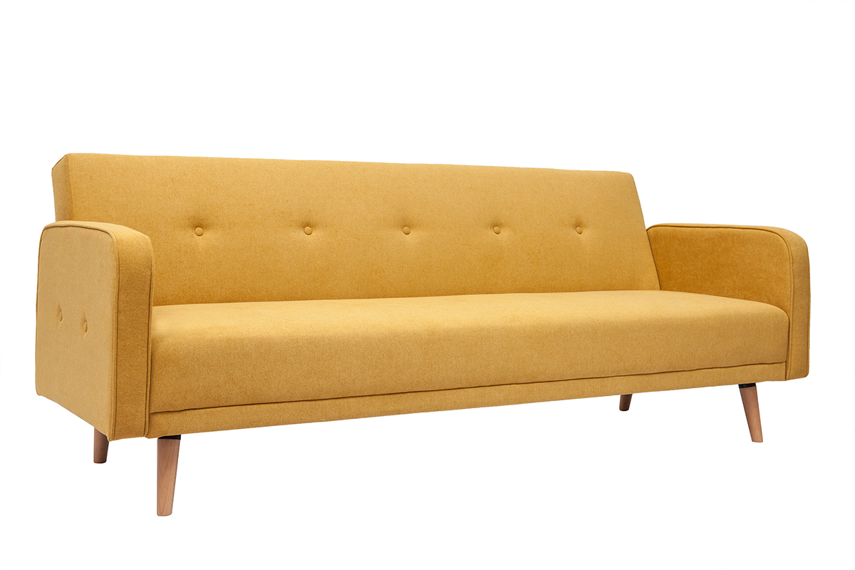 Divano letto scandinavo 3 posti in tessuto effetto velluto giallo senape e legno chiaro ULLA