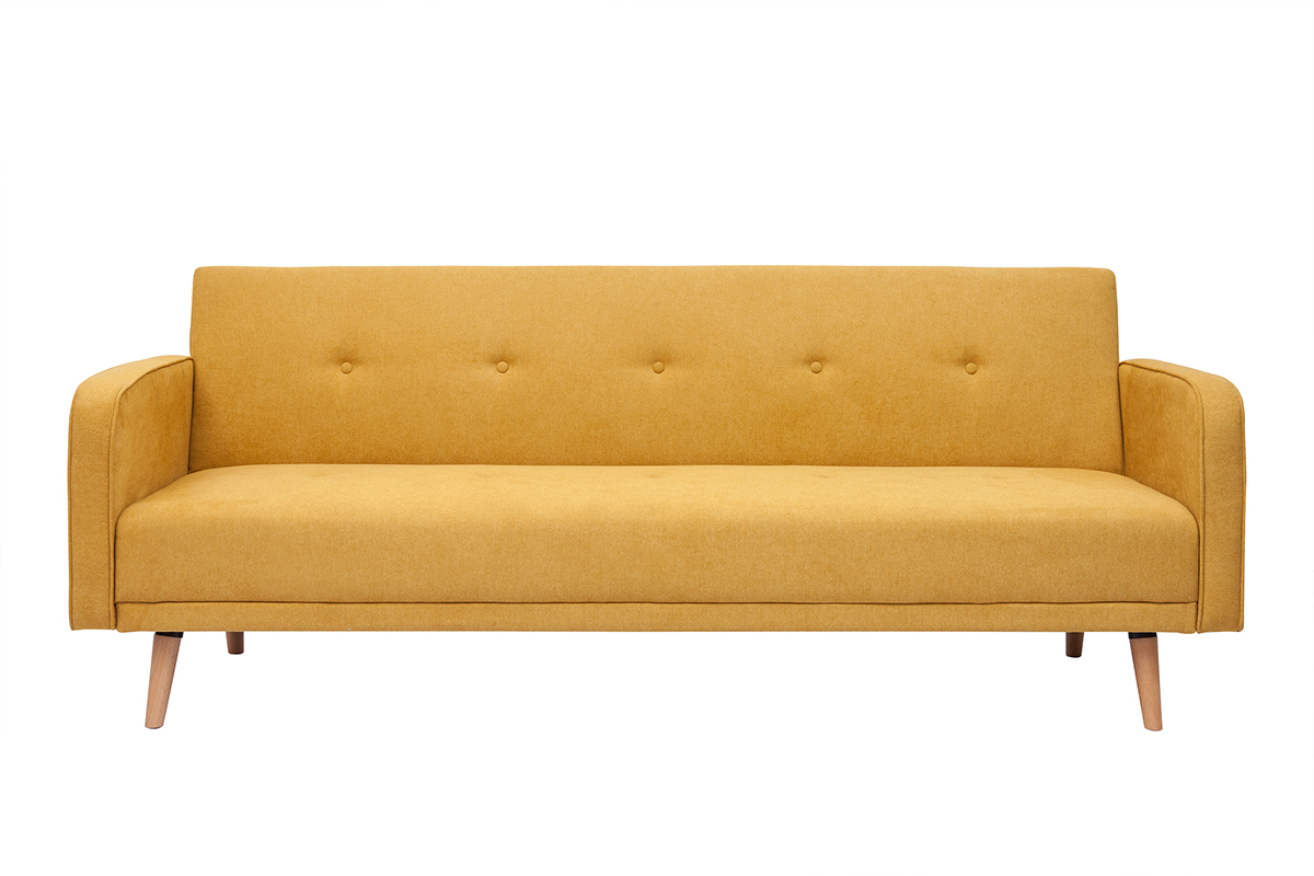 Divano letto scandinavo 3 posti in tessuto effetto velluto giallo senape e legno chiaro ULLA