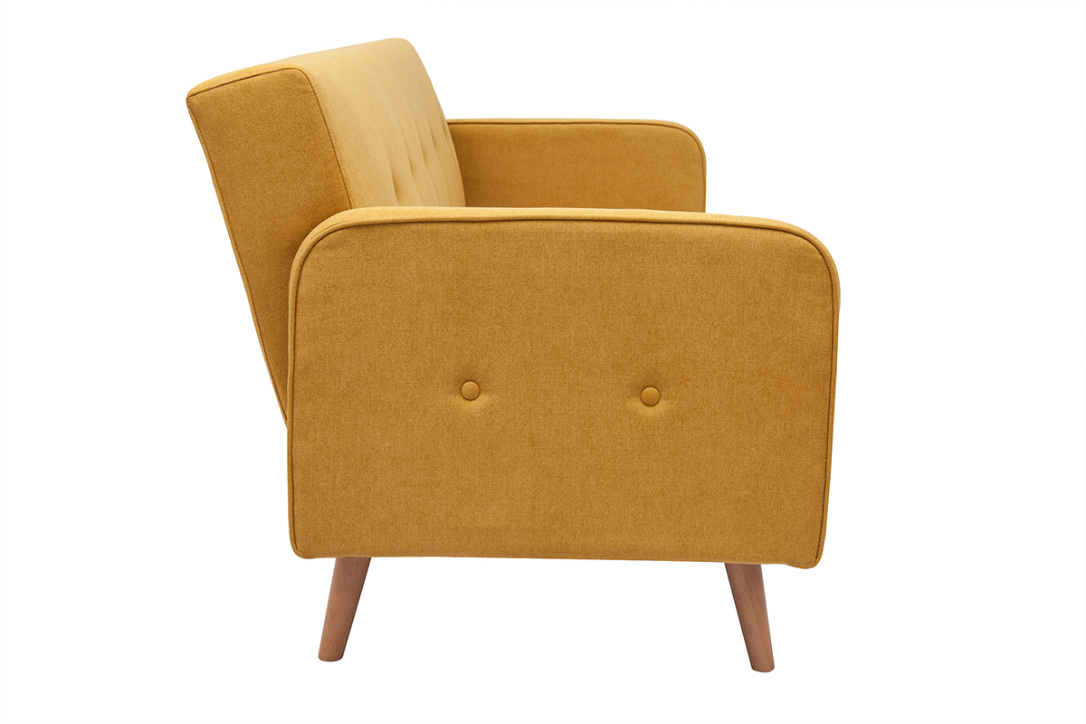 Divano letto scandinavo 3 posti in tessuto effetto velluto giallo senape e legno chiaro ULLA