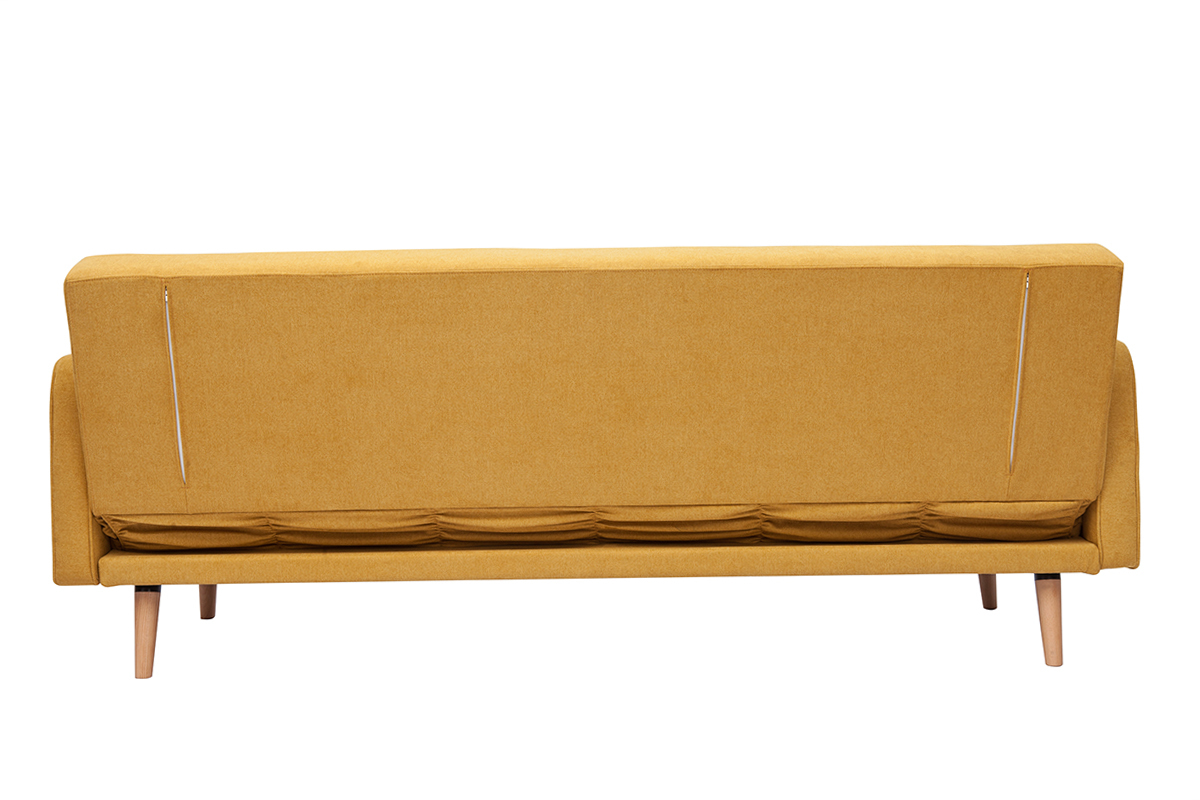 Divano letto scandinavo 3 posti in tessuto effetto velluto giallo senape e legno chiaro ULLA