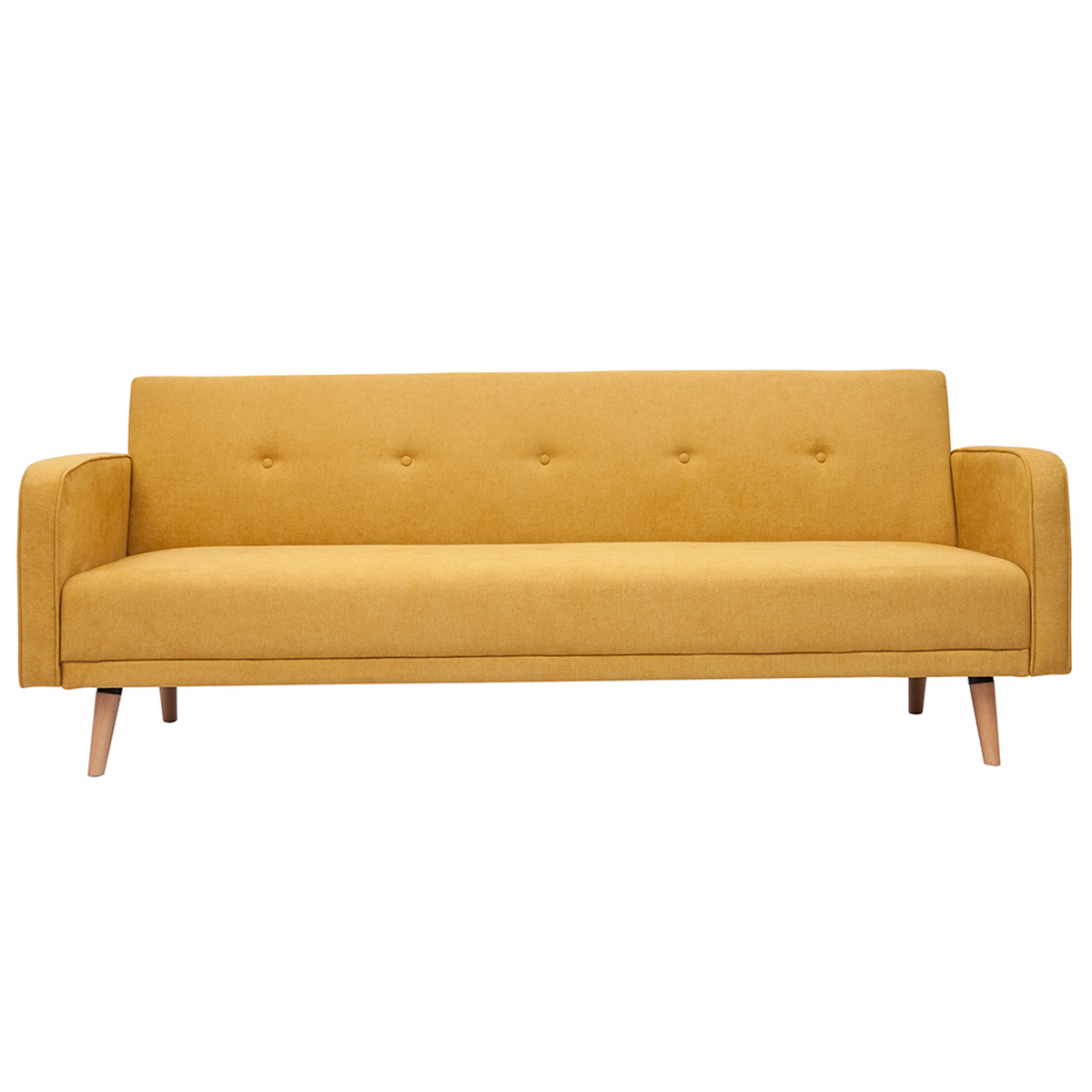 Divano letto scandinavo 3 posti in tessuto effetto velluto giallo senape e legno chiaro ULLA