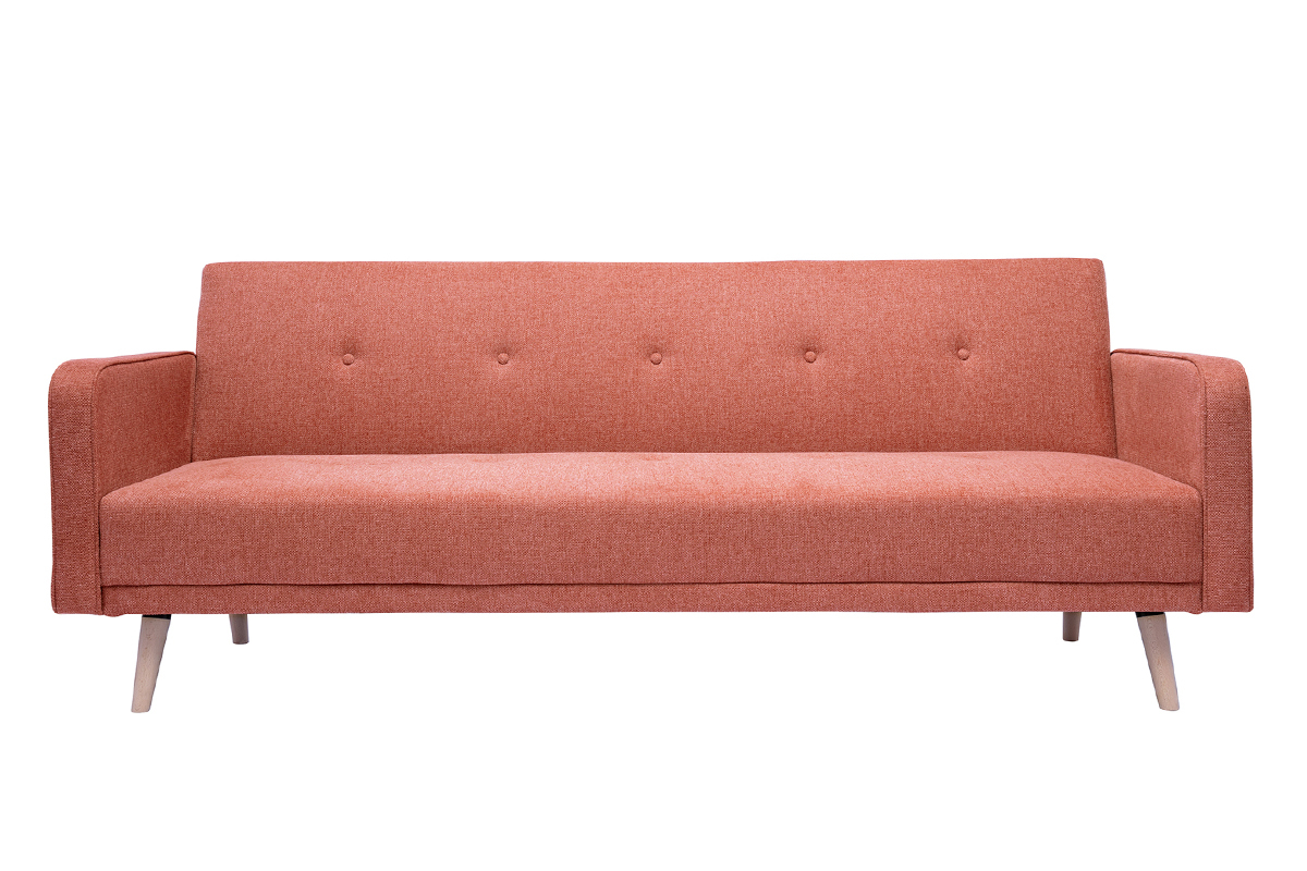 Divano letto scandinavo 3 posti in tessuto effetto velluto testurizzato color terracotta e legno chiaro ULLA