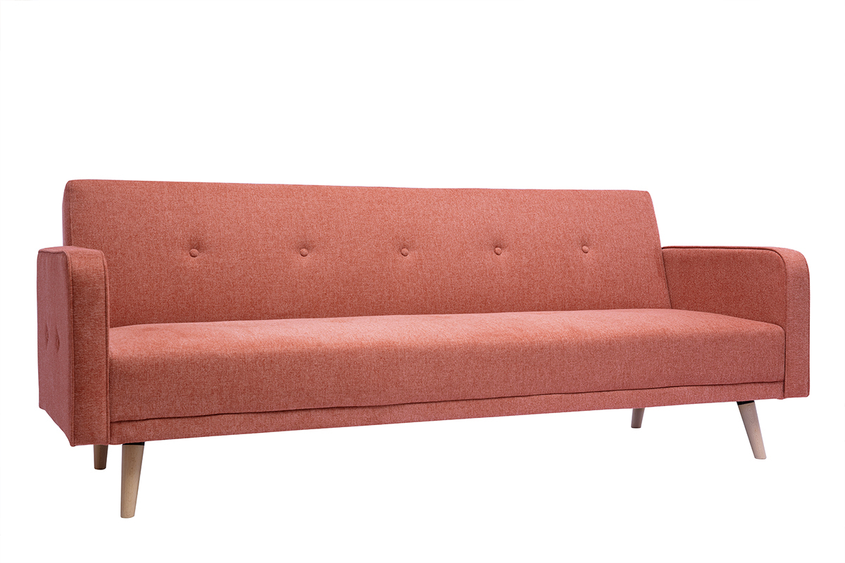 Divano letto scandinavo 3 posti in tessuto effetto velluto testurizzato color terracotta e legno chiaro ULLA