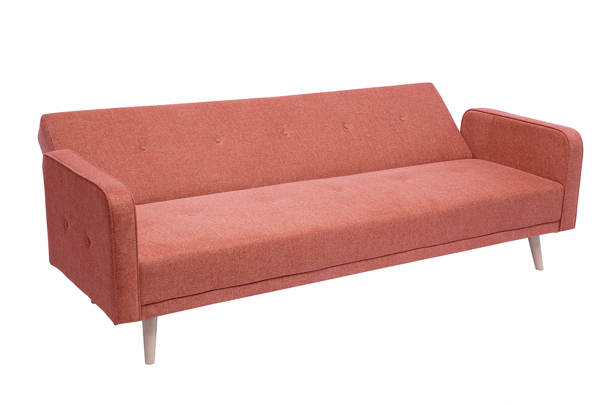 Divano letto scandinavo 3 posti in tessuto effetto velluto testurizzato color terracotta e legno chiaro ULLA