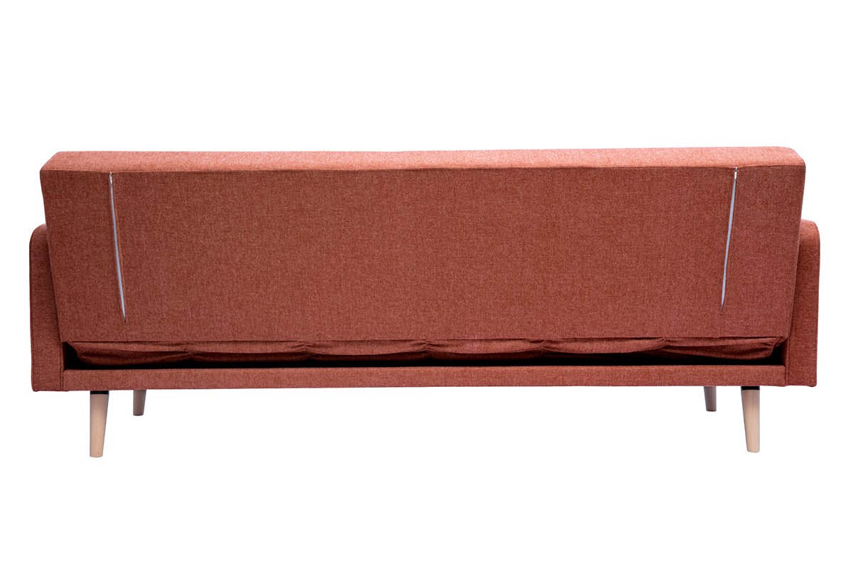 Divano letto scandinavo 3 posti in tessuto effetto velluto testurizzato color terracotta e legno chiaro ULLA