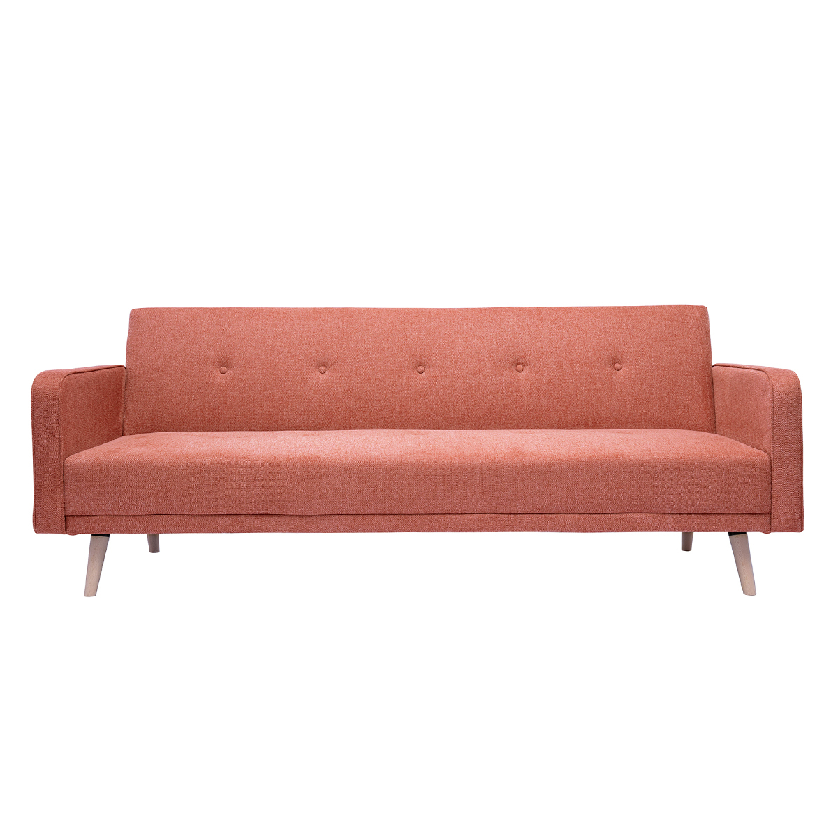 Divano letto scandinavo 3 posti in tessuto effetto velluto testurizzato color terracotta e legno chiaro ULLA