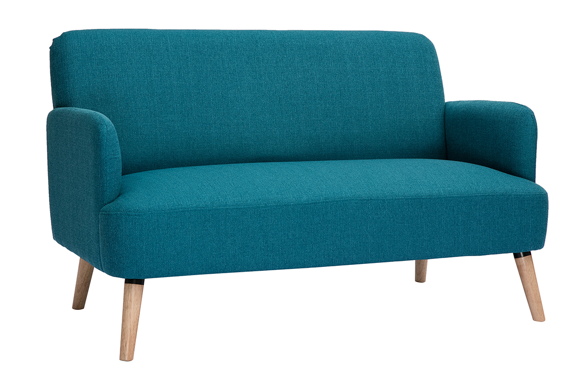 Divano scandinavo 2 posti in tessuto blu anatra e legno chiaro ISKO