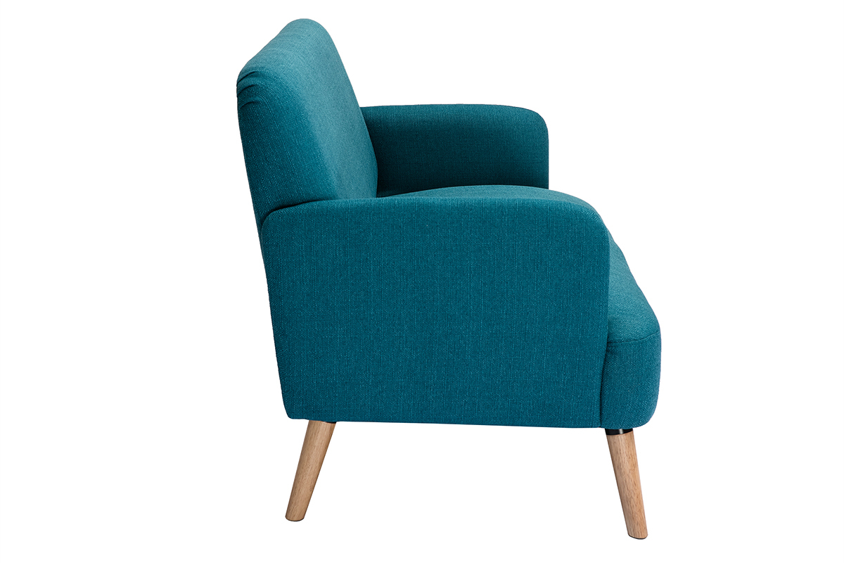 Divano scandinavo 2 posti in tessuto blu anatra e legno chiaro ISKO