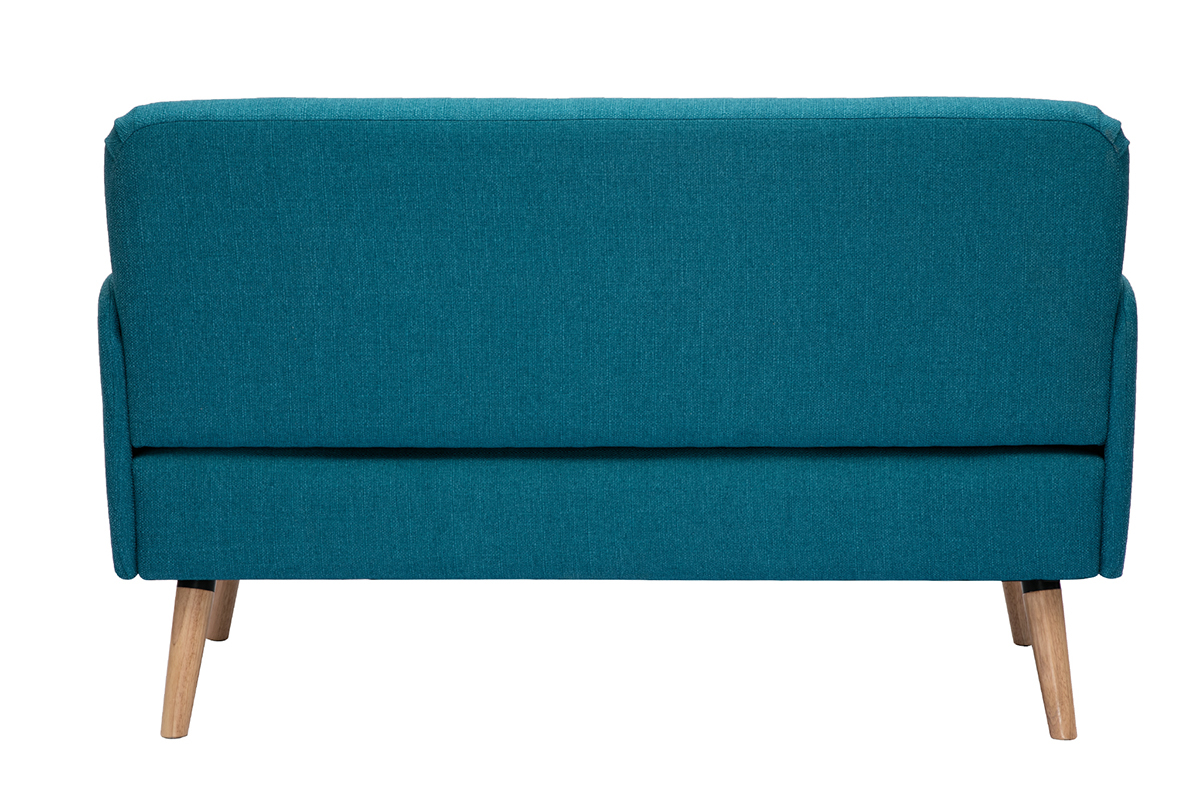 Divano scandinavo 2 posti in tessuto blu anatra e legno chiaro ISKO