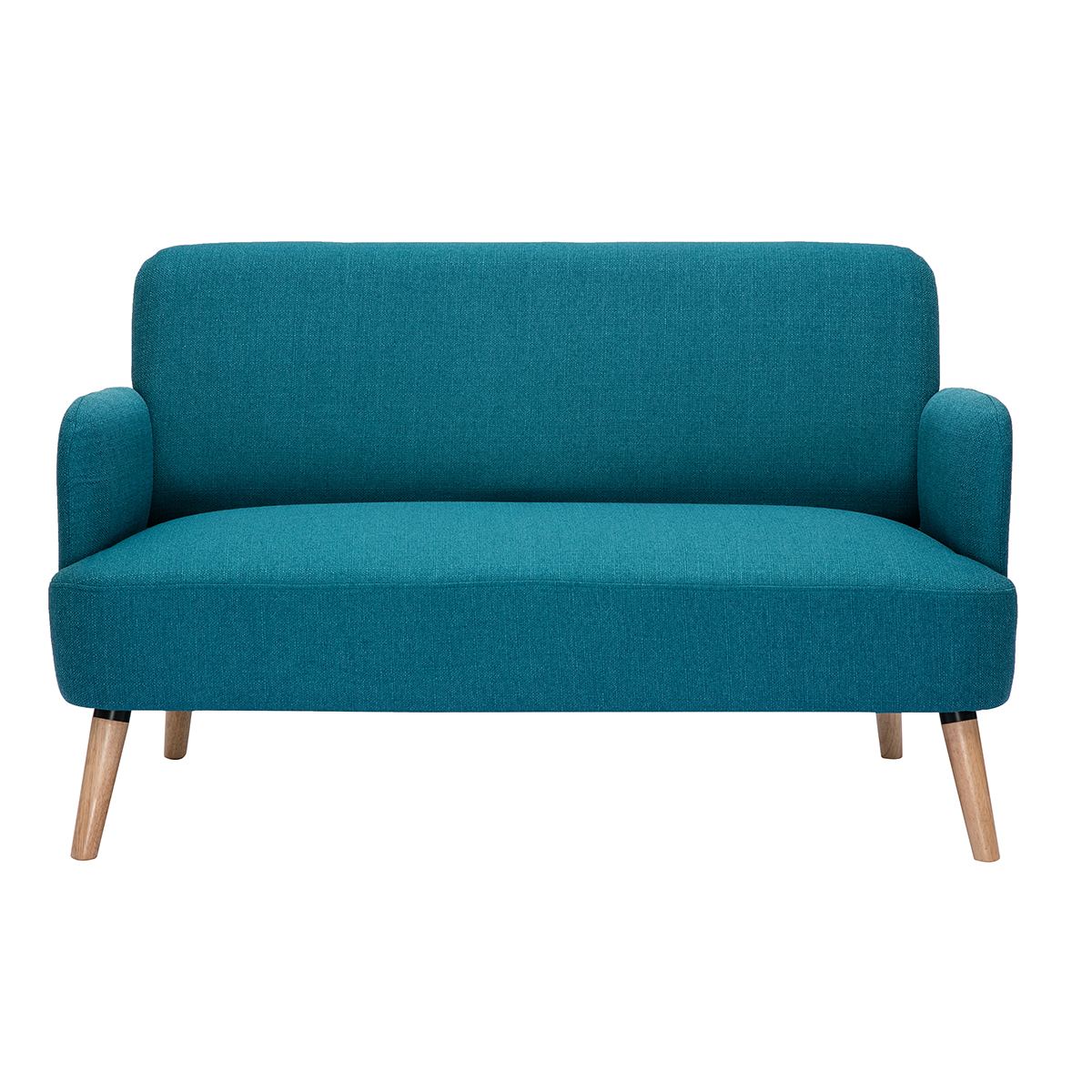 Divano scandinavo 2 posti in tessuto blu anatra e legno chiaro ISKO