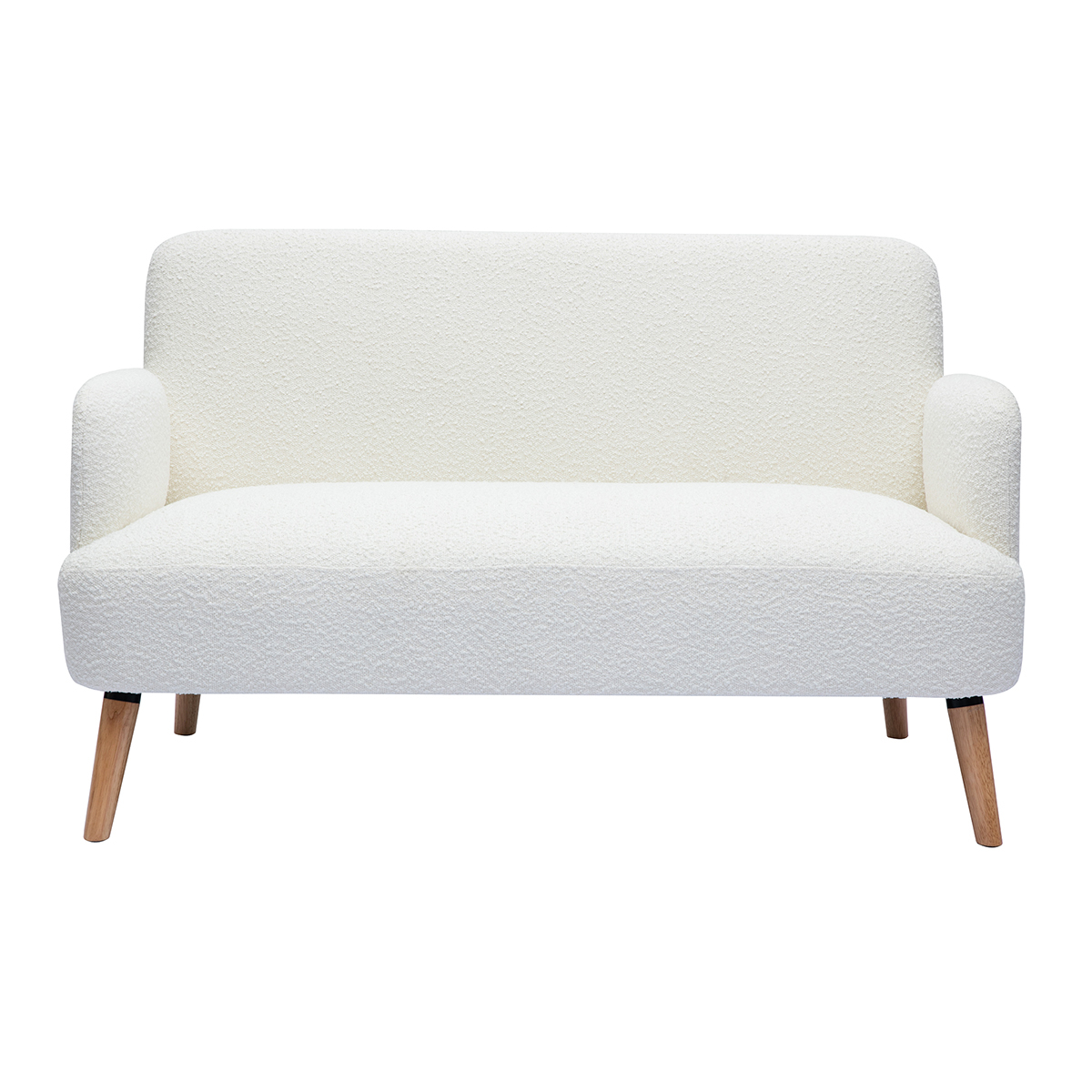 Divano scandinavo 2 posti in tessuto effetto lana bouclé bianco e legno chiaro ISKO