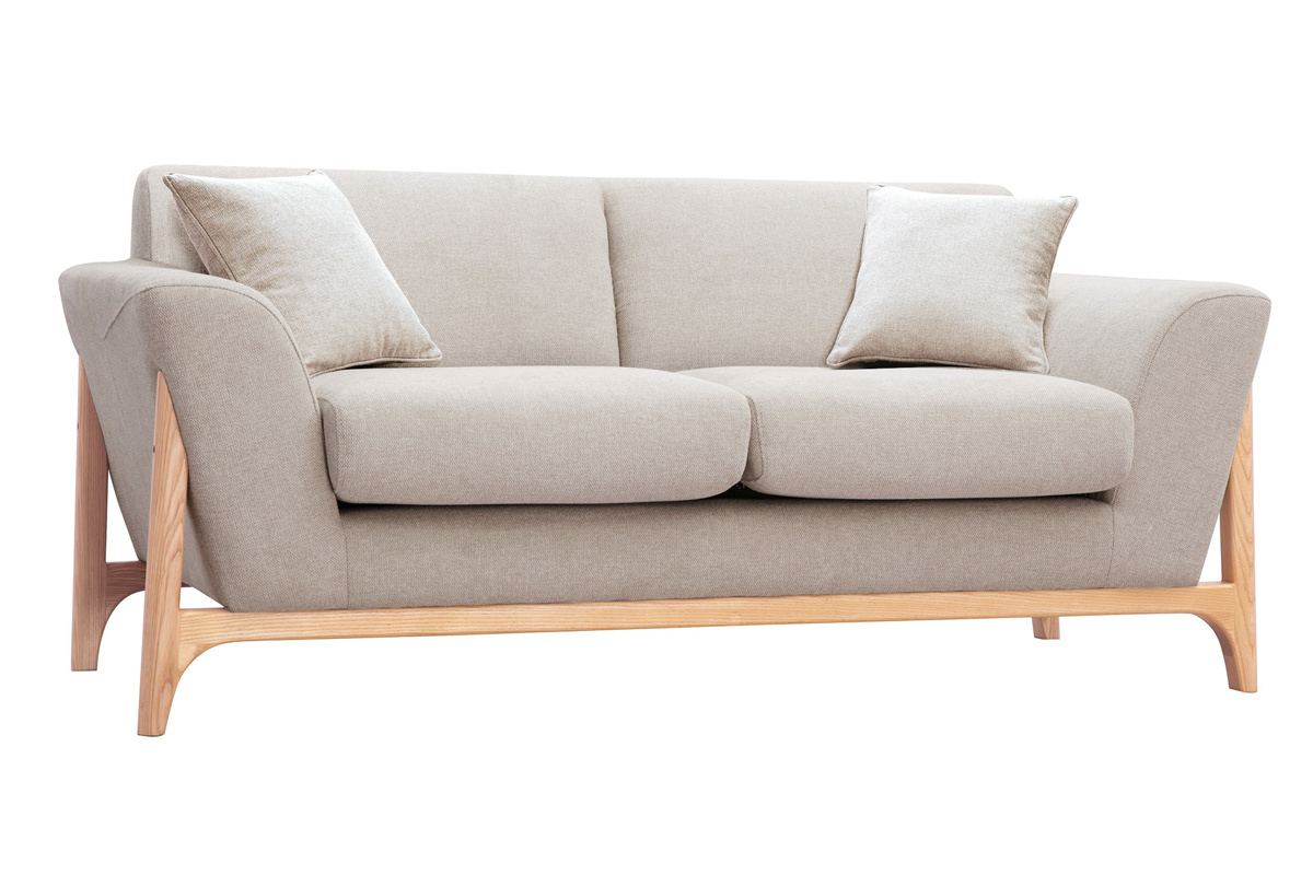 Divano scandinavo 2 posti in tessuto effetto velluto testurizzato beige e frassino ASAKO