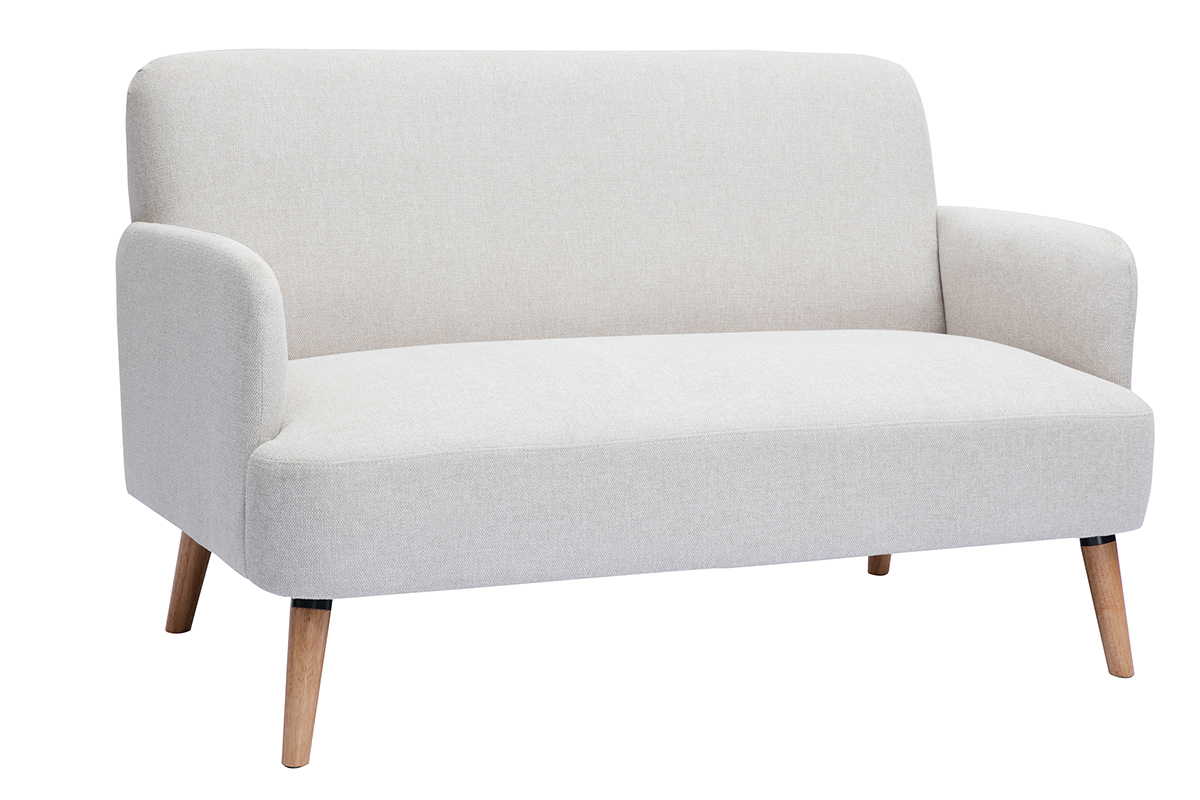 Divano scandinavo 2 posti in tessuto effetto velluto testurizzato beige e legno chiaro ISKO