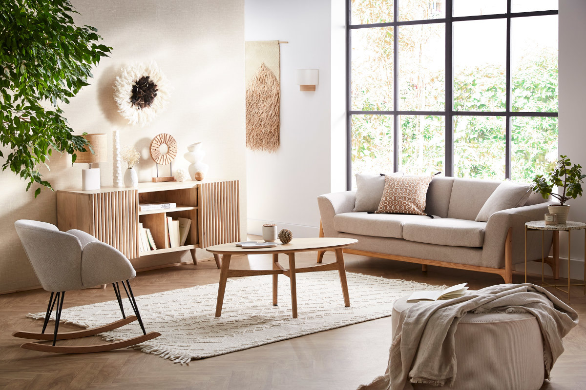 Divano scandinavo 3 posti beige e frassino ASAKO