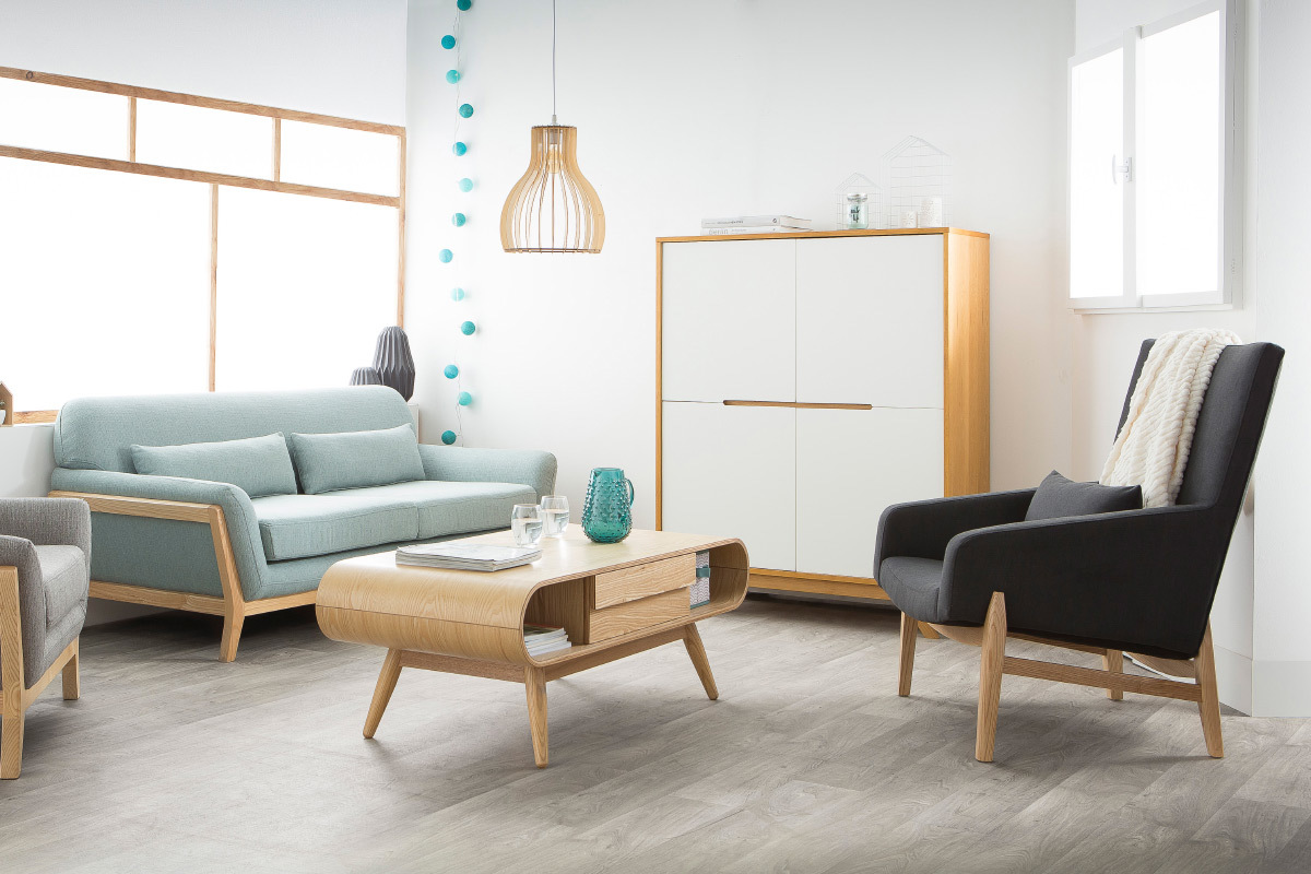 Divano scandinavo 3 posti blu laguna piedi legno YOKO