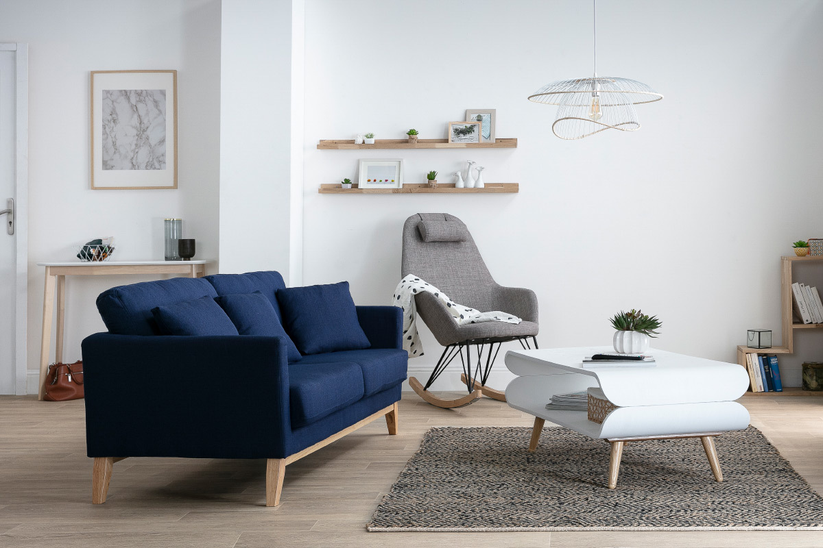 Divano scandinavo 3 posti blu scuro piedi legno OSLO