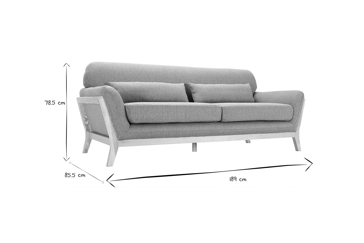 Divano scandinavo 3 posti grigio piedi legno YOKO