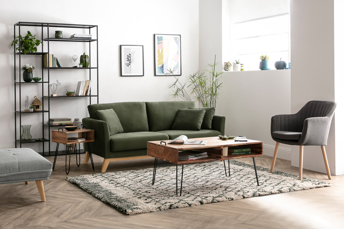 Divano scandinavo 3 posti grigio scuro piedi legno OSLO