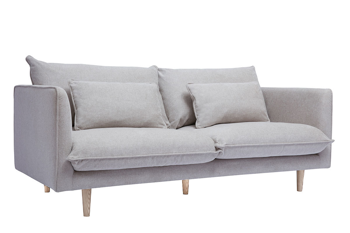 Divano scandinavo 3 posti in tessuto effetto velluto testurizzato beige e legno chiaro CLAYTON