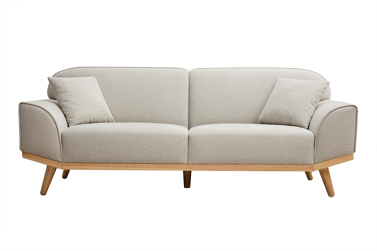 Divano scandinavo 3 posti in tessuto effetto velluto testurizzato beige e legno chiaro FREEMA