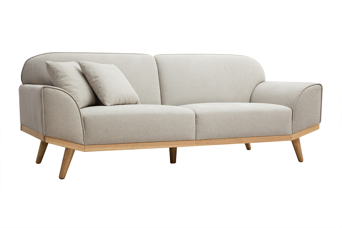 Divano scandinavo 3 posti in tessuto effetto velluto testurizzato beige e legno chiaro FREEMA