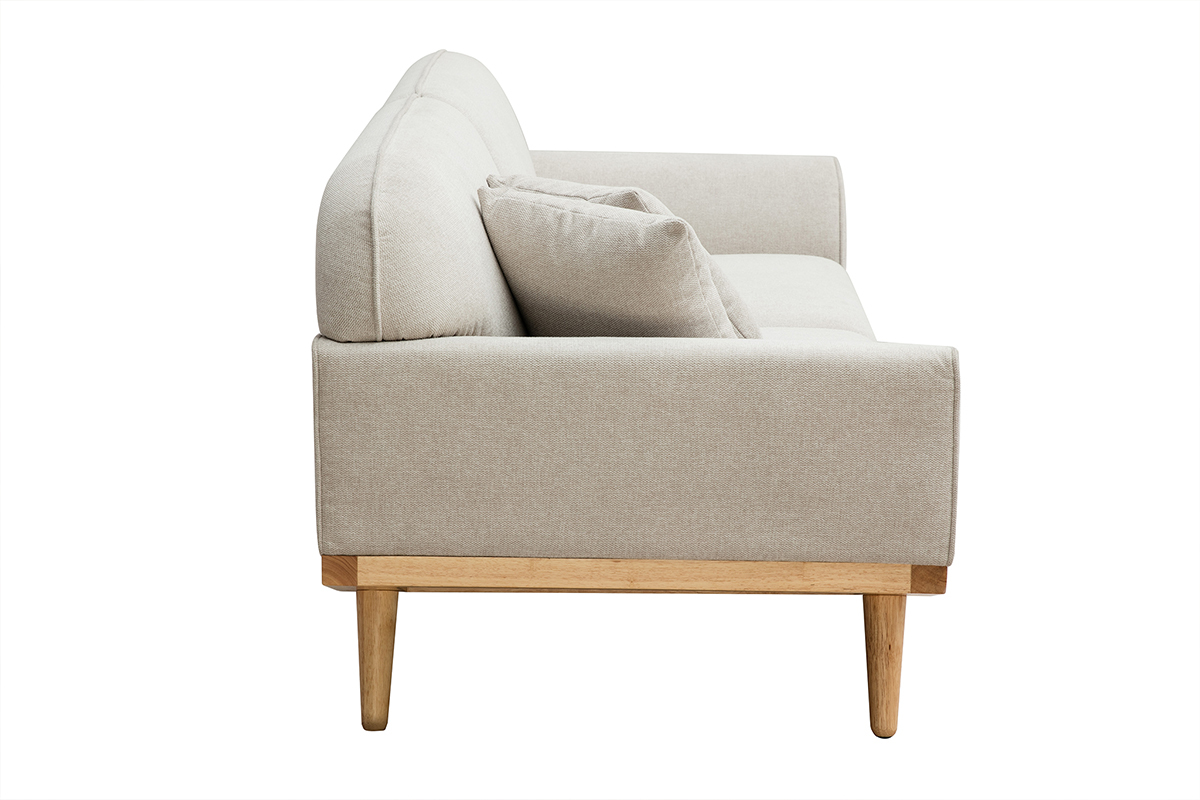 Divano scandinavo 3 posti in tessuto effetto velluto testurizzato beige e legno chiaro FREEMA