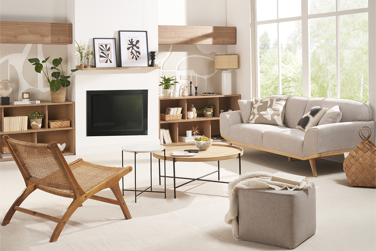 Divano scandinavo 3 posti in tessuto effetto velluto testurizzato beige e legno chiaro FREEMA