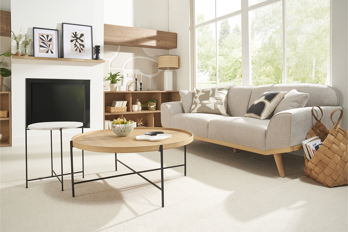 Divano scandinavo 3 posti in tessuto effetto velluto testurizzato beige e legno chiaro FREEMA