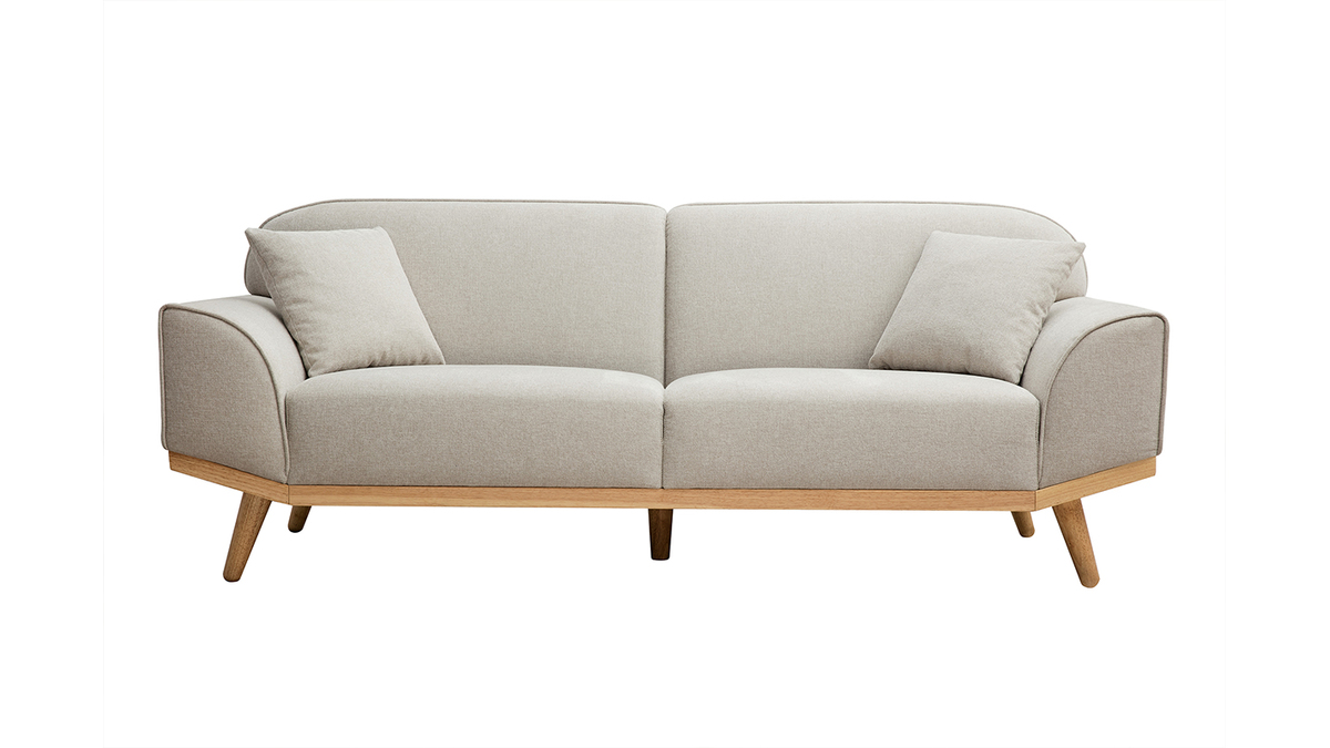 Divano scandinavo 3 posti in tessuto effetto velluto testurizzato beige e legno chiaro FREEMA