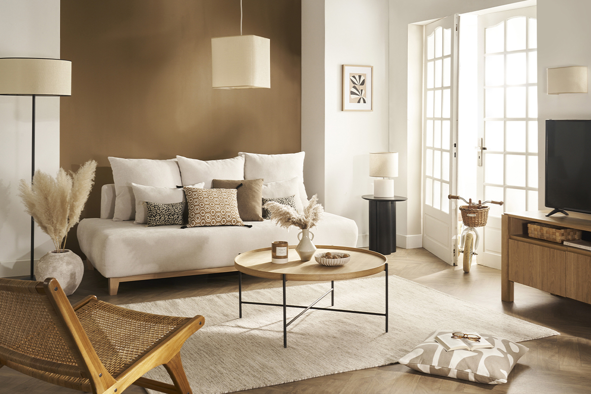 Divano scandinavo 3 posti in tessuto effetto velluto testurizzato beige e legno chiaro L200 cm ODEON