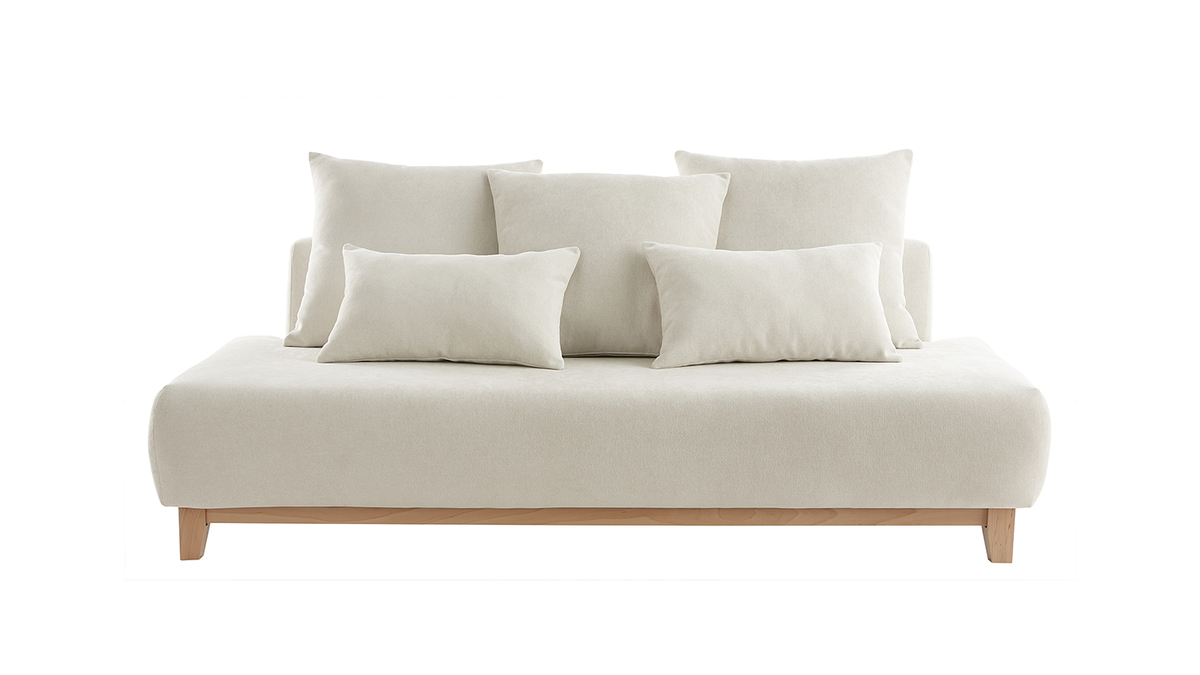 Divano scandinavo 3 posti in tessuto effetto velluto testurizzato beige e legno chiaro L200 cm ODEON