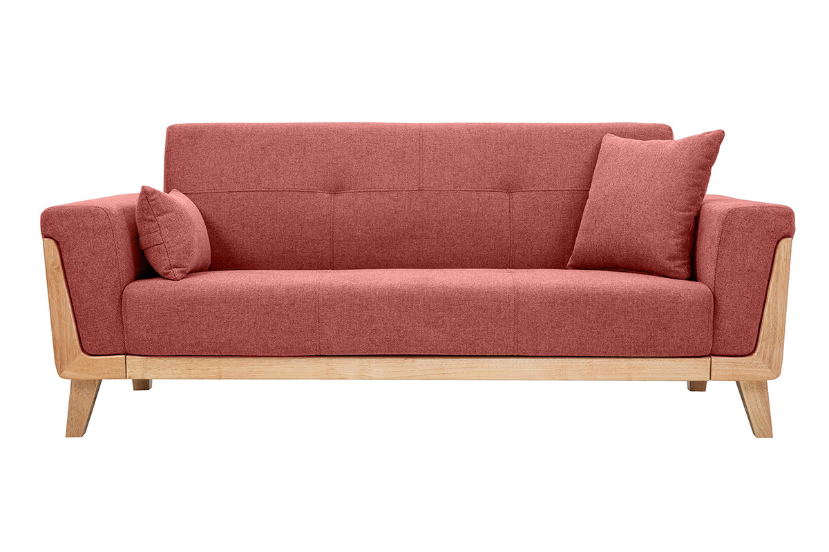 Divano scandinavo 3 posti in tessuto effetto velluto testurizzato color terracotta e legno chiaro FJORD