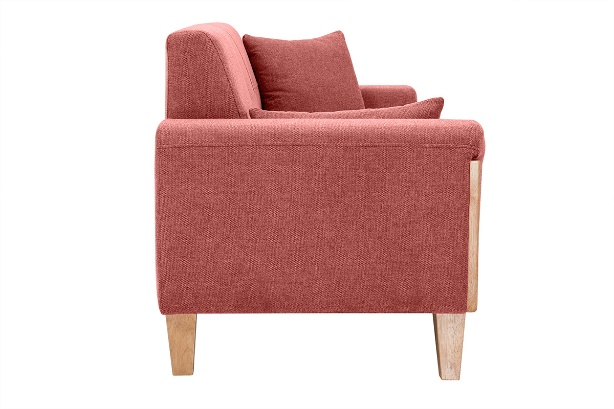 Divano scandinavo 3 posti in tessuto effetto velluto testurizzato color terracotta e legno chiaro FJORD