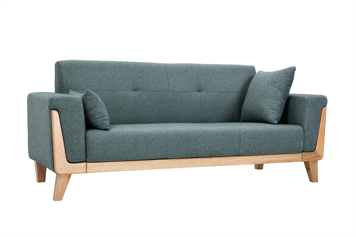 Divano scandinavo 3 posti in tessuto grigio verde e legno chiaro FJORD