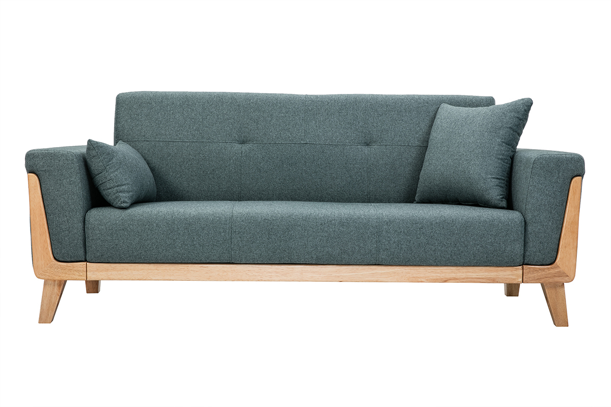 Divano scandinavo 3 posti in tessuto grigio verde e legno chiaro FJORD