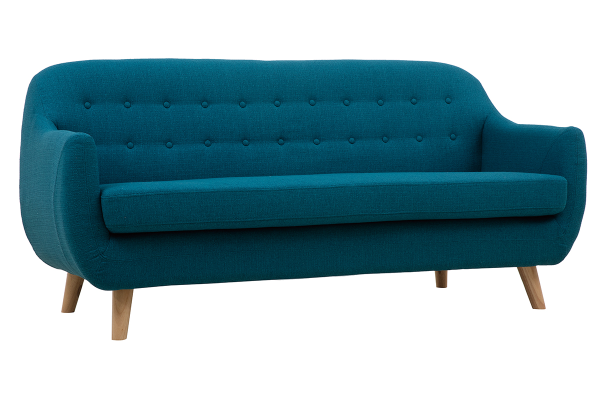 Divano scandinavo 3 posti sfoderabile blu anatra e legno YNOK