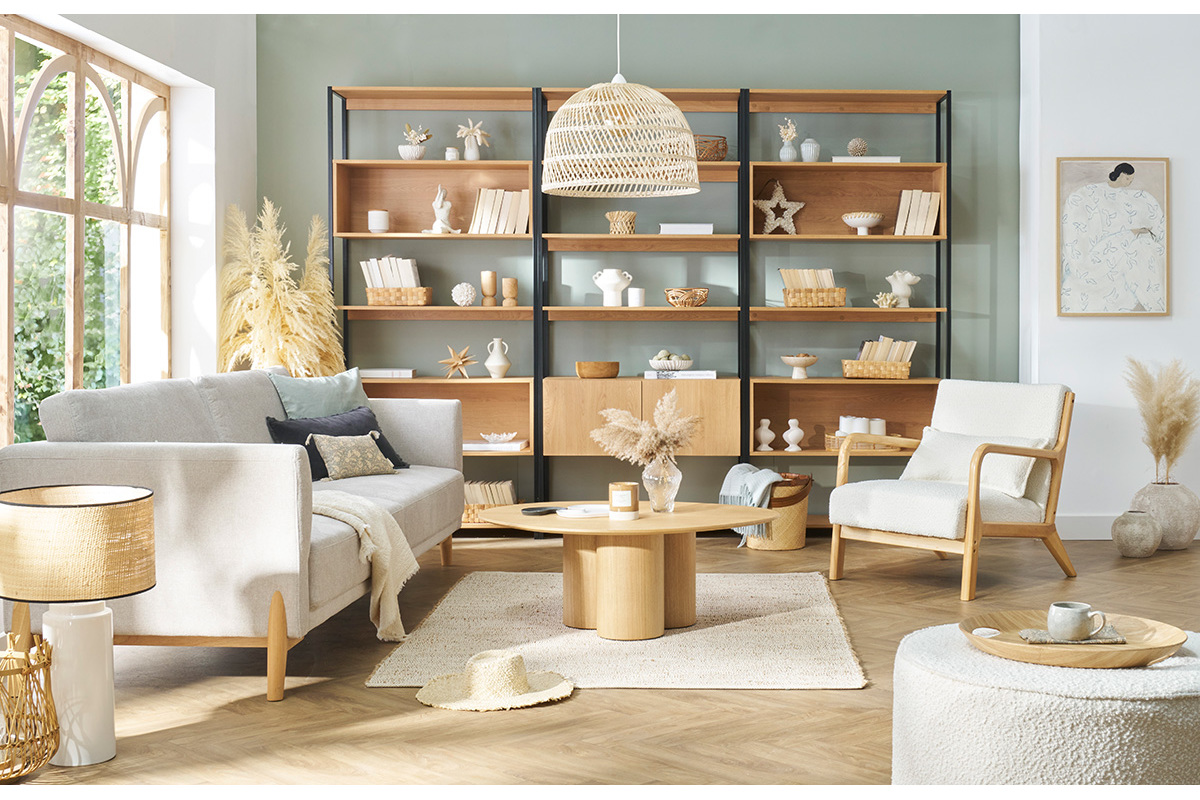 Divano scandinavo 4 posti in tessuto effetto velluto testurizzato beige e legno chiaro SINDRO