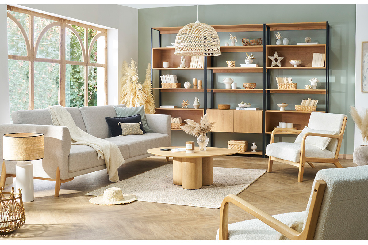 Divano scandinavo 4 posti in tessuto effetto velluto testurizzato beige e legno chiaro SINDRO