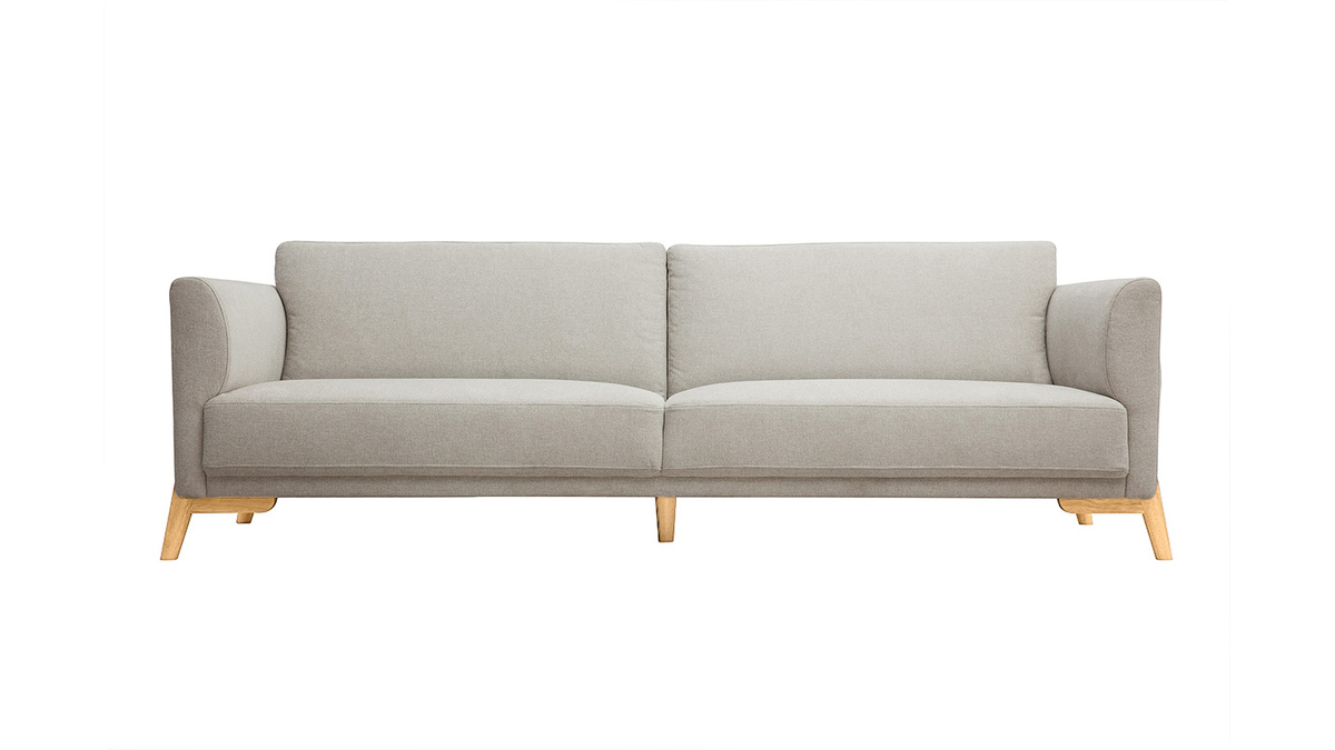 Divano scandinavo 4 posti in tessuto effetto velluto testurizzato beige e legno chiaro SINDRO