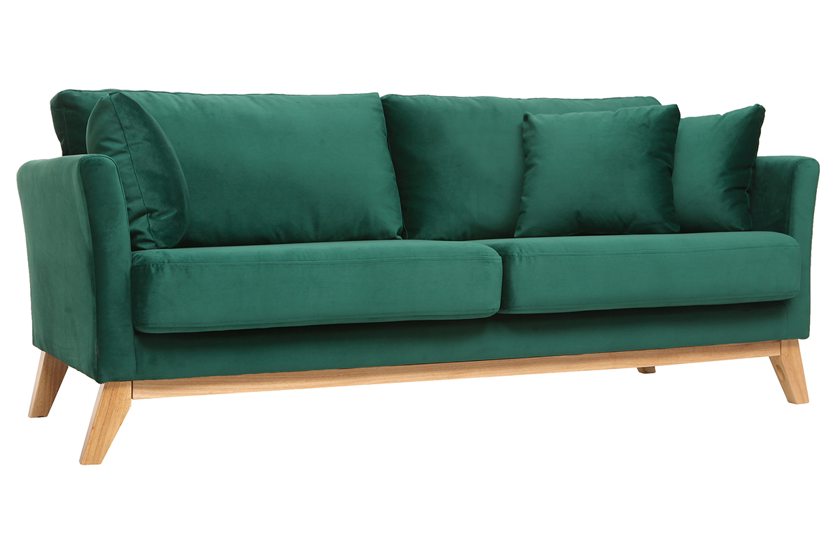 Divano scandinavo a 3 posti in velluto Midnight green piedi in legno OSLO