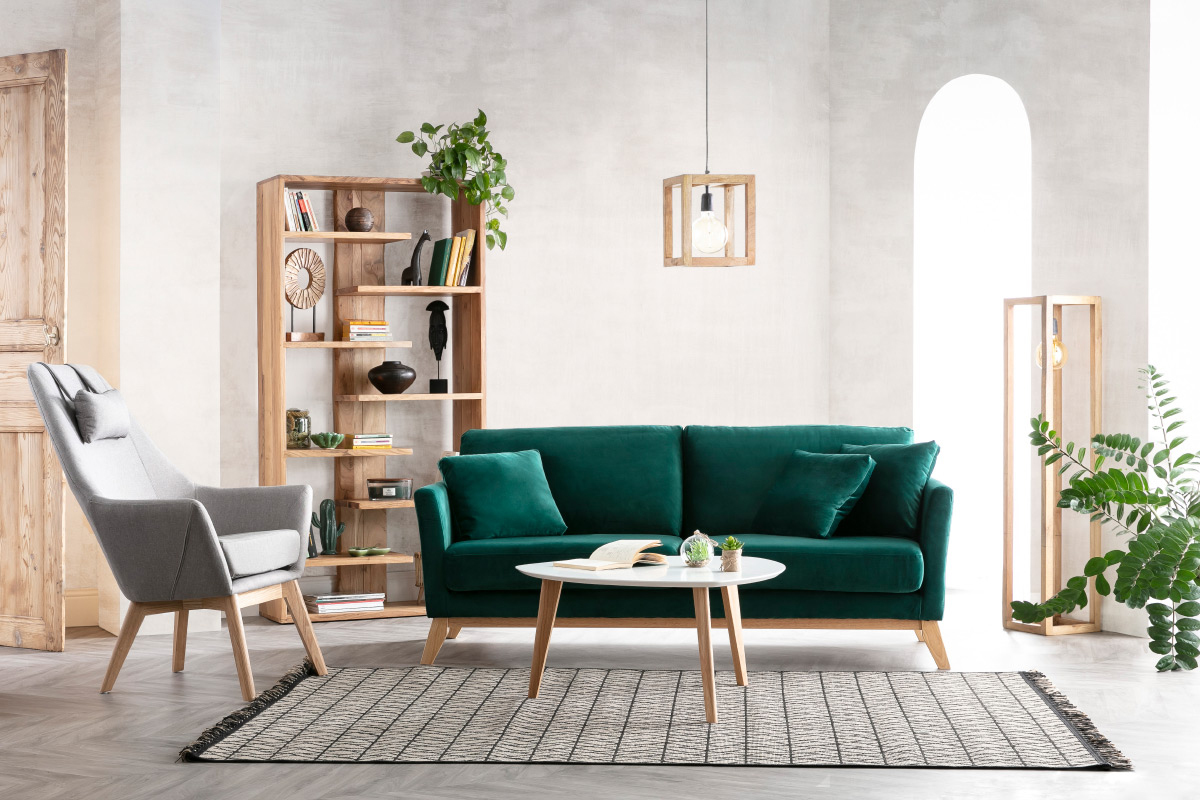 Divano scandinavo a 3 posti in velluto Midnight green piedi in legno OSLO