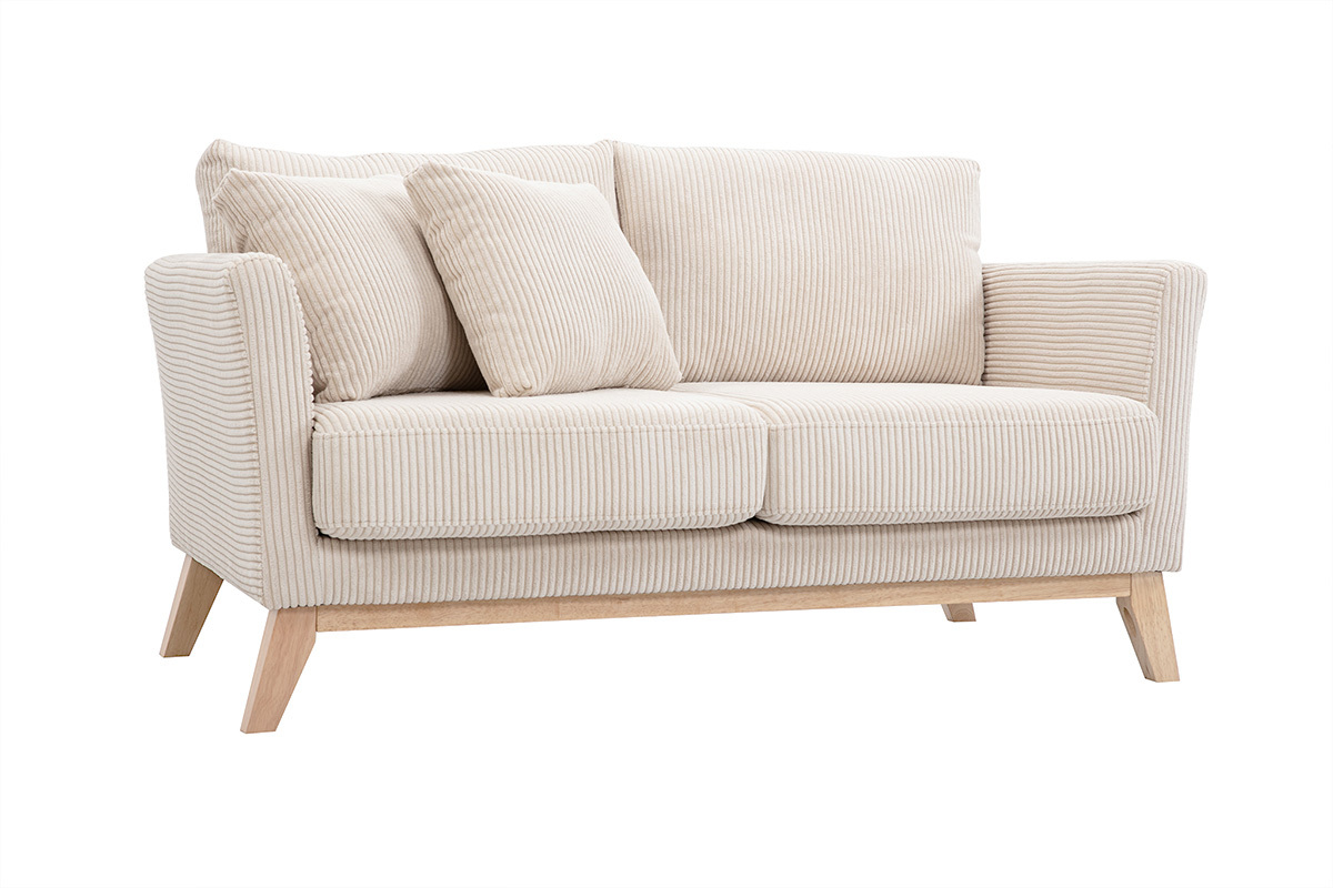 Divano scandinavo sfoderabile 2 posti in velluto a coste beige e legno chiaro OSLO