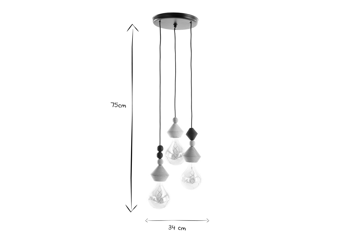 Lampada a sospensione a 3 luci con perle in legno massello AKOYA